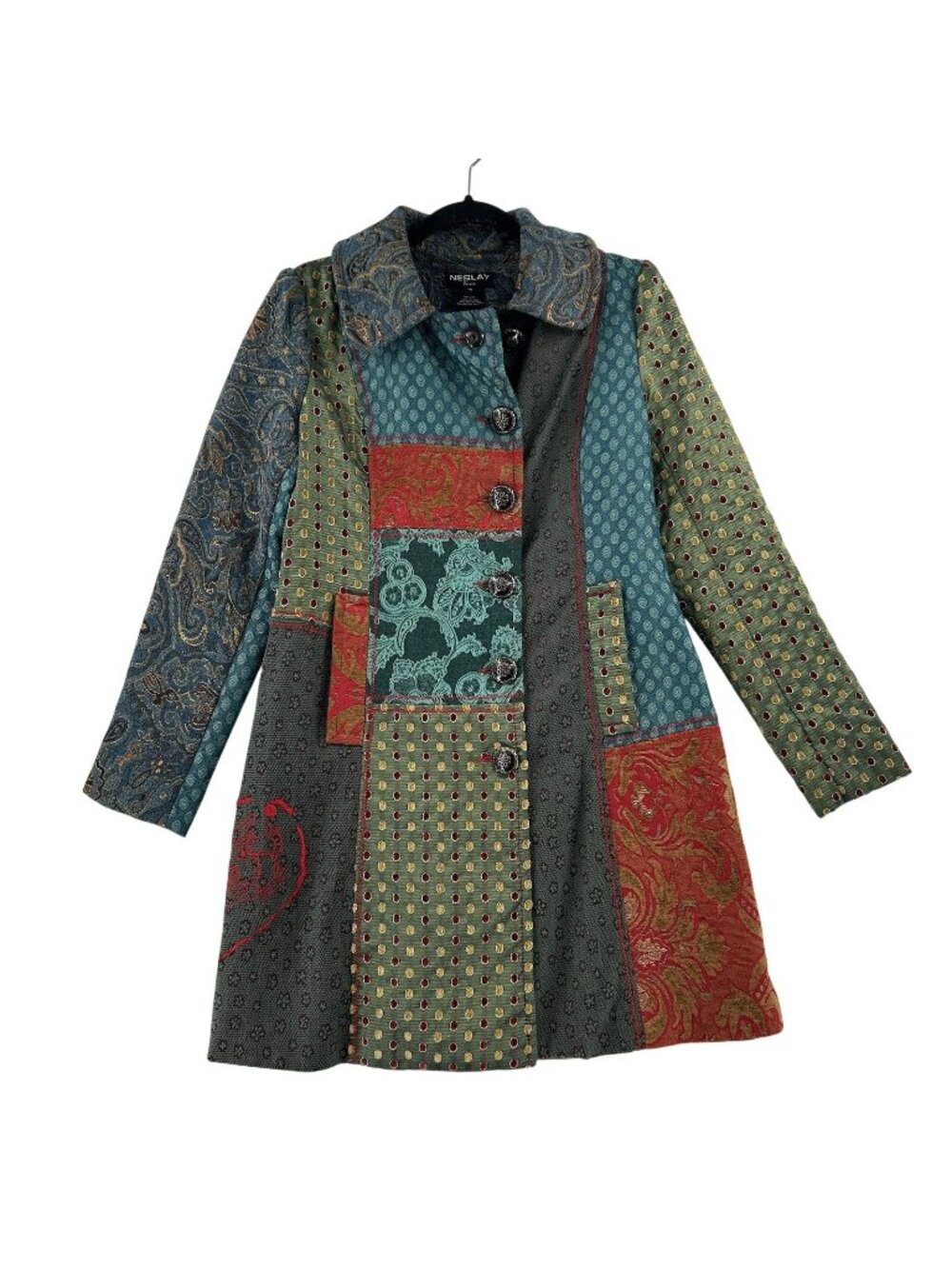 VTG Neslay Paris Jacquard Patchwork Coat Women's M Textured Paisley & Geometric